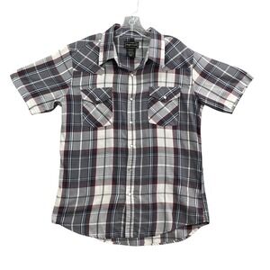 High Noon Western Snap Shirt Mens Medium Grey Plaid Academia Pearl Snap Yoke
